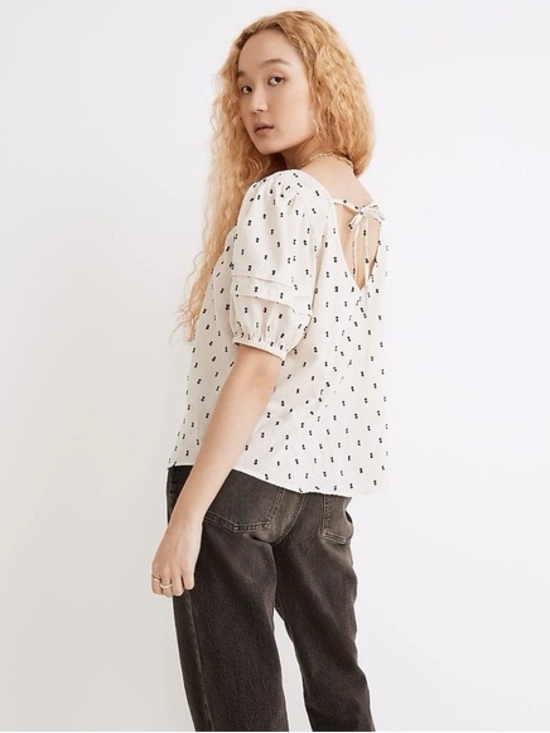 Madewell Tops - Madewell Tie Back Puff Sleeve Top Clip Dot Ivory Cotton Linen Size Large
